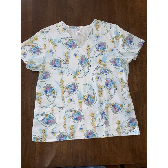 Disney Tinker Bell Scrub Top Women’s L Large White V-Neck Nurse Uniform Pockets - Picture 8 of 11